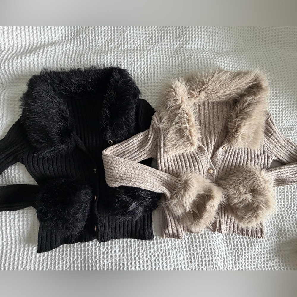 SHEIN Faux Fur Collar Cardigans - Black and Tan